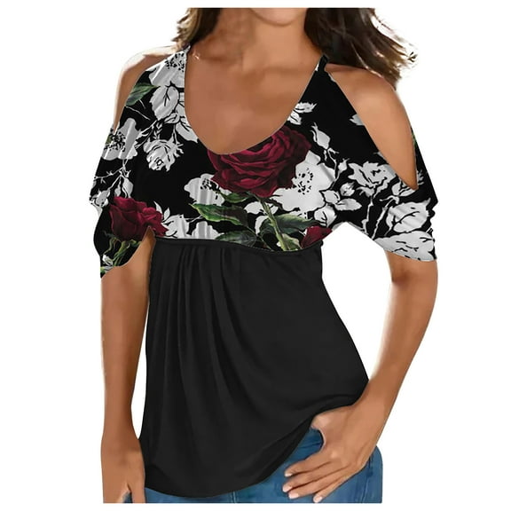 Usmixi Summer Tee Shirt for Women Women's Cold Shoulder Tops Empire Waist Top Western Ethnic Diamond Print Short Sleeve Shirts Casual Blouses Tunics Multicolor XL