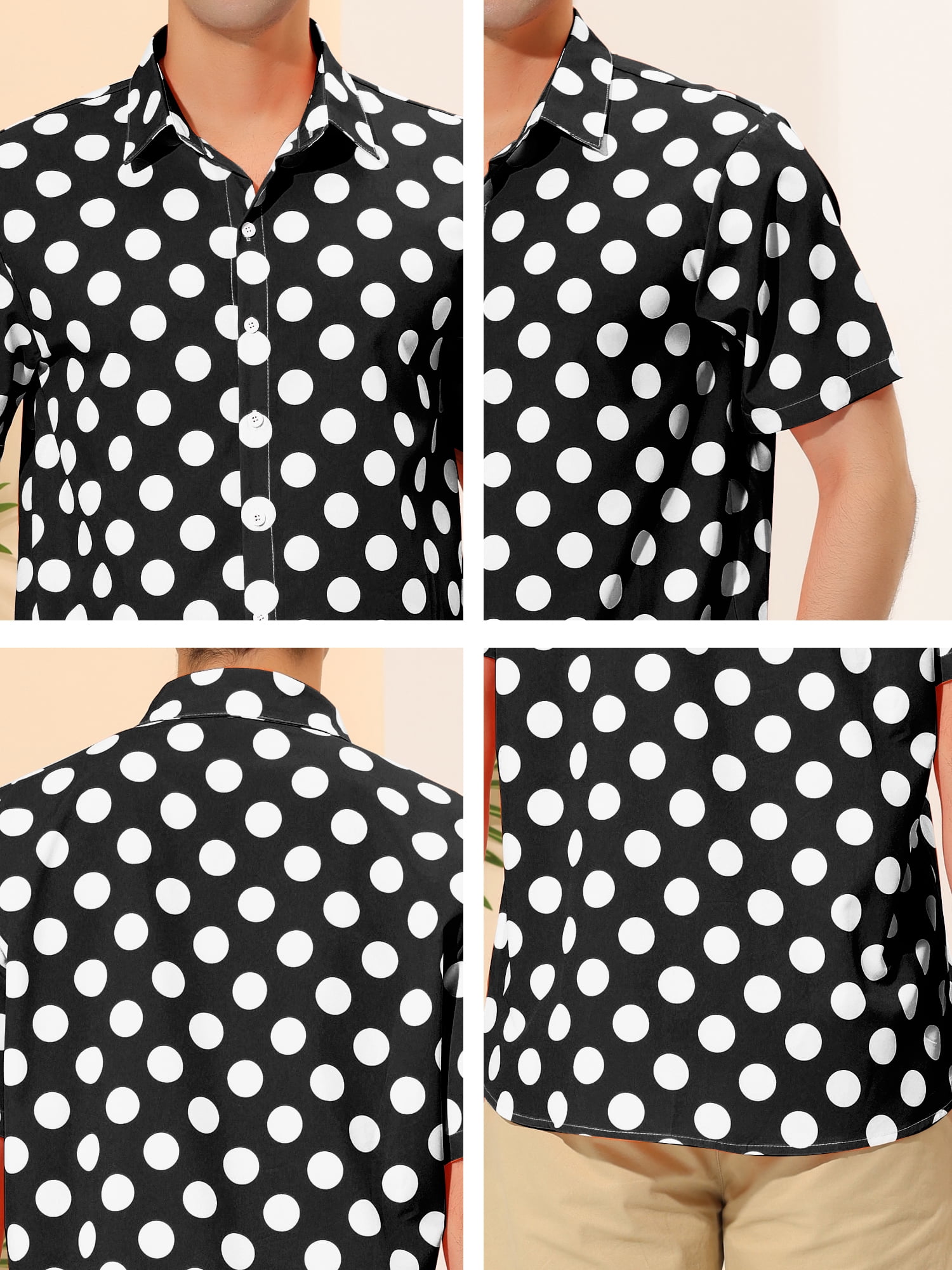 Unique Bargains Men's Summer Polka Dots Shirt Button Down Short Sleeves Shirts S Black