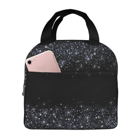 Insulated Lunch Bag for Women Men - Black Silver Glitter Border Leakproof Cooler Lunch Box for Women Men  Lunch Tote Bags for Work School Picnic Travel