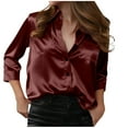 thumbnail image 3 of QATAINLAV Womens Satin Silk Blouse Button Down 3/4 Sleeve Collared Silky Shirt with Pockets Business Casual Work Tops, Wine, XXL, 3 of 9