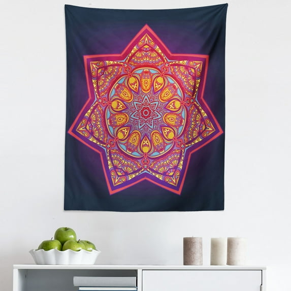 Leaf Tapestry, Ornamental Vibrant Mandala Universe Folk Tribal Illustration Print, Fabric Wall Hanging Decor for Bedroom Living Room Dorm, 5 Sizes, Multicolor, by Ambesonne