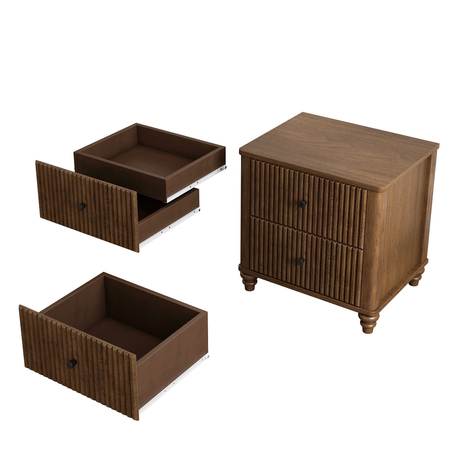 Hommoo Mid Century Modern Wooden Fluted Nightstand Set of 2, 21.65" Wide Bedside End Table Side Table with 3 Drawers and Metal Handle, for Bedroom, Living Room, Closet, Walnut