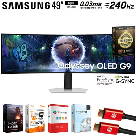 Samsung 49" Odyssey DQHD 5,120x1440 240Hz OLED G9 Curved Gaming Monitor Bundle with Tech Smart USA Elite Suite 18, 2x HDMI Cable & Deco Gear CPS Exclusive 26 Month Protection Pack (BEACH-CPS-26M1500)