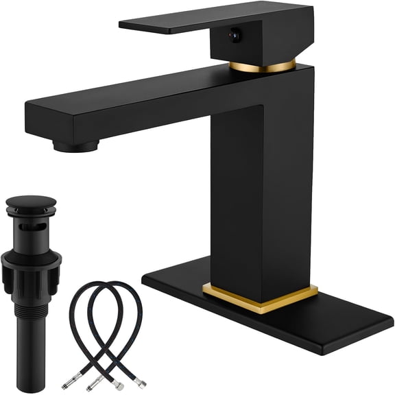 Bathroom Faucet 1 Hole, Single Handle Stainless Steel Bathroom Sink Faucet, Modern Vanity Faucets with Deck Plate,Water Supply Hoses and Pop Up Drain,Matte Black Handle and Brushed Gold