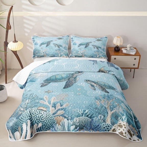 spefrowx Watercolor Sea Turtle Twin Quilt Set for Boys Girls, Blue Coral Wildlife Twin Coverlet Set, 2-Piece