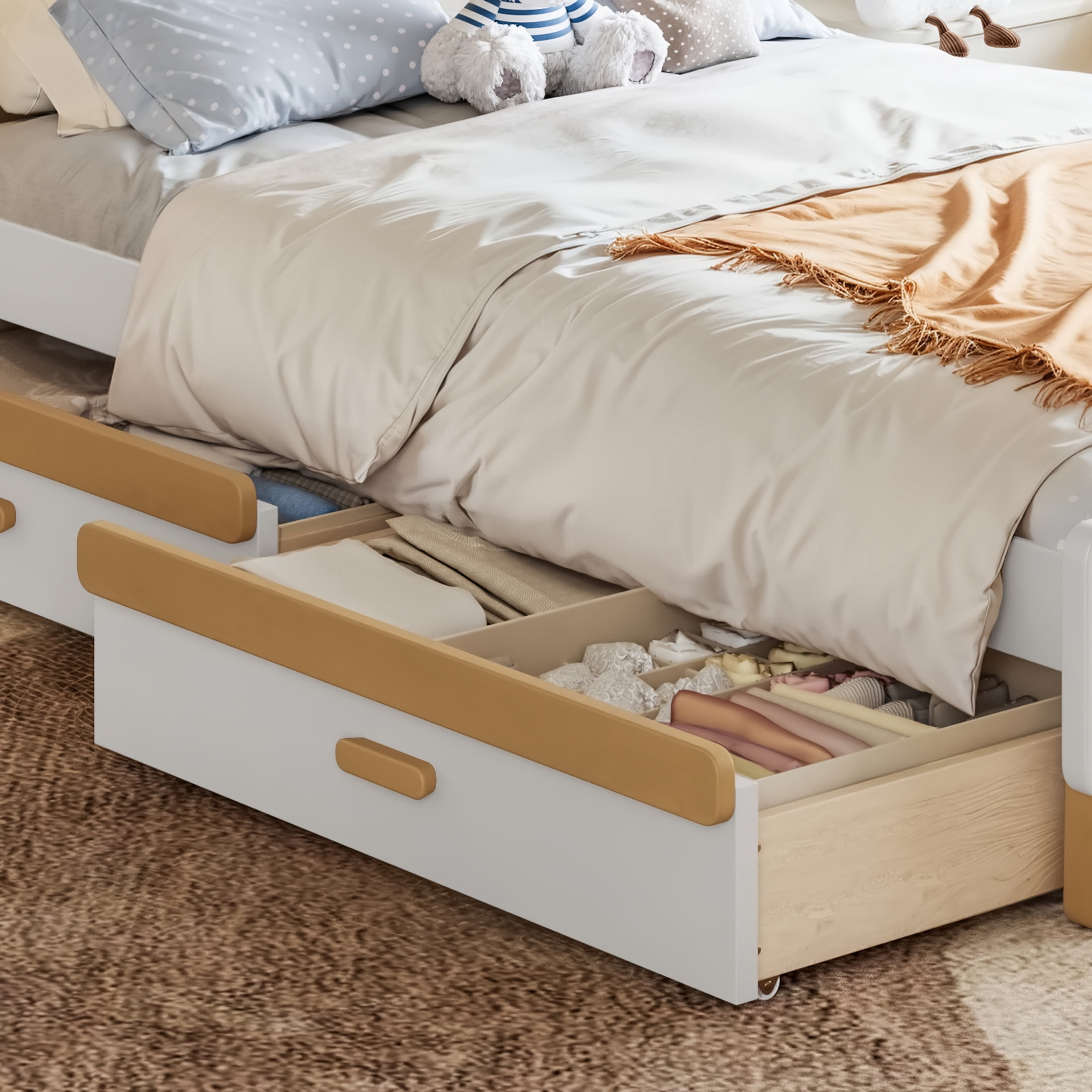 GDF Studio Twin Size Platform Bed with Storage Drawer, Round Headboard, No Box Spring Needed, White+Natural