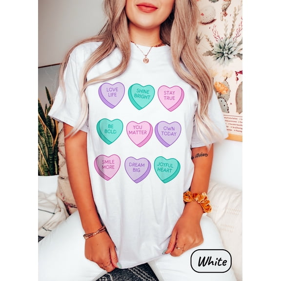 TOKAIPlus Valentines Day Shirt Featuring Candy Hearts with Positive Affirmations