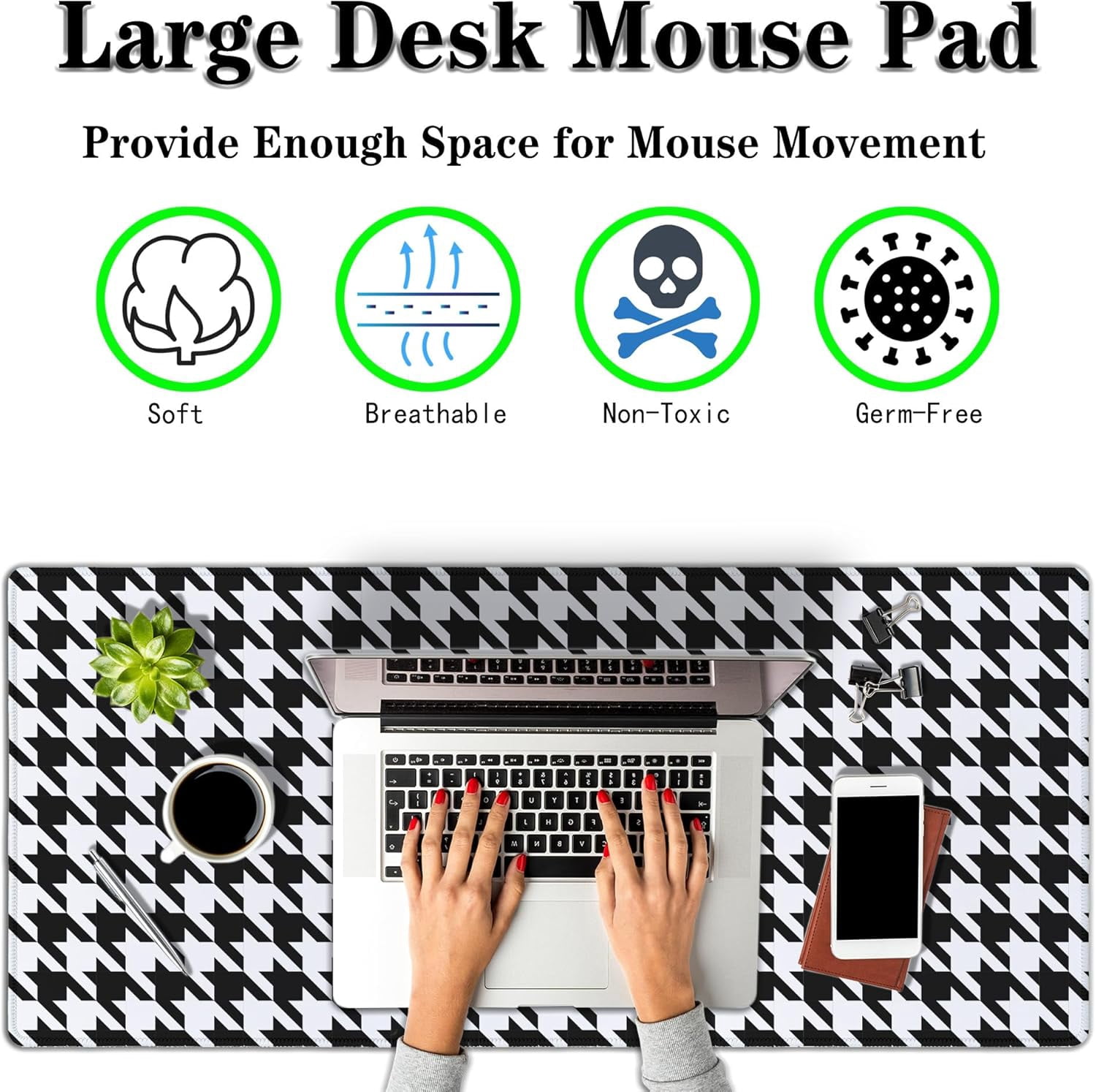 Gaming Mousepad Black and White Desk Mat for Desk Big Mouse Pads Keyboard Pad Home Office Decor Waterproof Non-Slip Rubber Base 35.4" X 15.7" for Game Office, Houndstooth Pattern