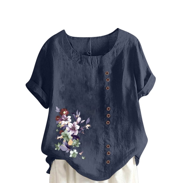 Camisetas de Manga Corta para las Mujeres Impreso Botón de Manga Corta Camiseta Blusa Poliéster, Ropa Casual Mirar Superior para las Mujeres