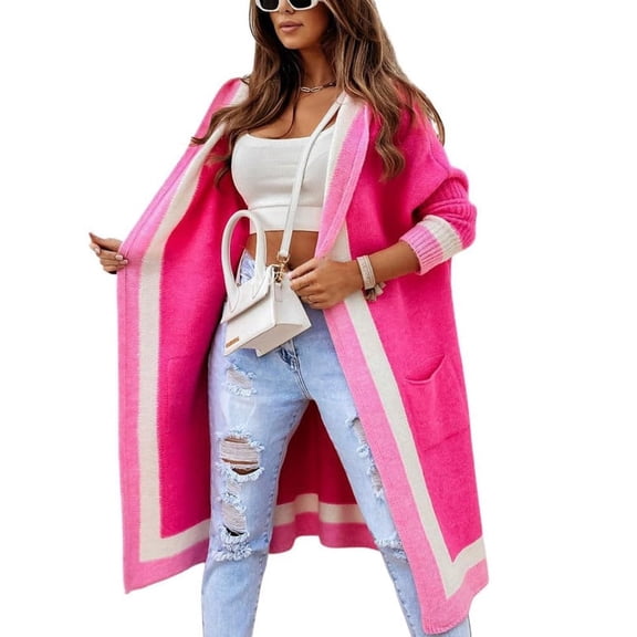 sicmoss Women's Red Color Block Vertical Striped Hooded Cardigan Open Front Oversized Long with Pockets