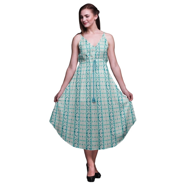 Bimba Robe Midi de Plage Imprimée Teinture sur Nœuds pour Femmes, à Bretelles, Tenue d'Été de Resort-Moyenne