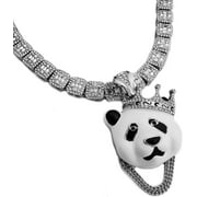 Hip Hop Silver Plated King Crowned Panda Large Cubic Zirconia Pendant & 12mm 18" Iced Baguette Choker Chain Necklace Set