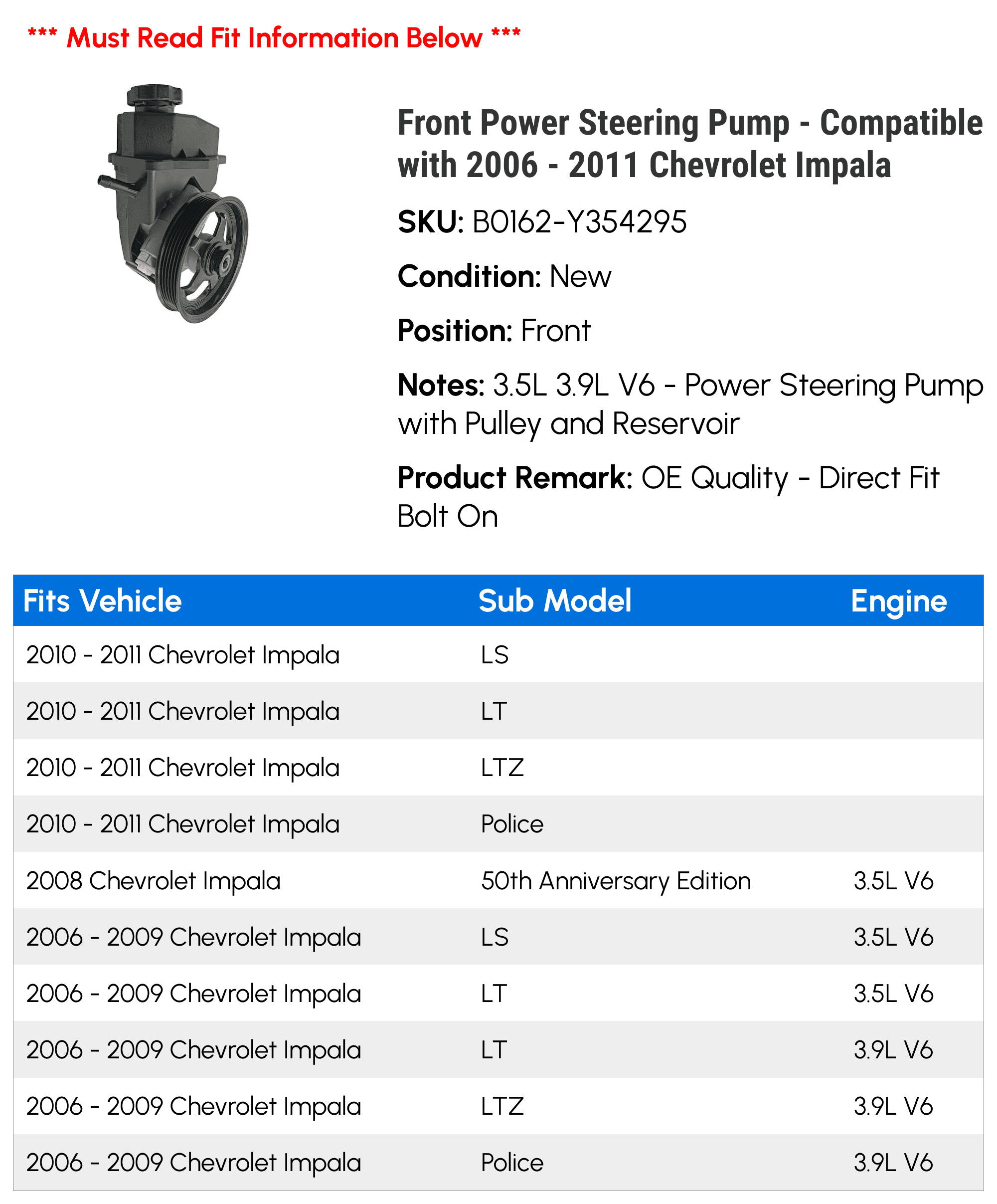 Front Power Steering Pump - Compatible with 2006 - 2011 Chevrolet Impala - Replacement