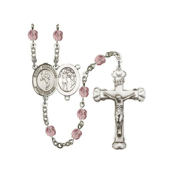 St. Sebastian/Martial Arts Silver-Plated Rosary 6mm June Light Purple Fire Polished Beads Crucifix Size 1 5/8 x 1 medal