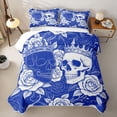 thumbnail image 2 of Castle Fairy Boho Crowned Skull Bed Spread Queen,Spooky Rose Bloom Queen Coverlet Set,Royal Blue White, 2 of 7