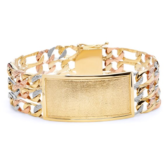 Wellingsale 14k Tri 3 Color Gold Solid Polished Mens 3 Line Nugget Figaro Link ID Bracelet - 9"