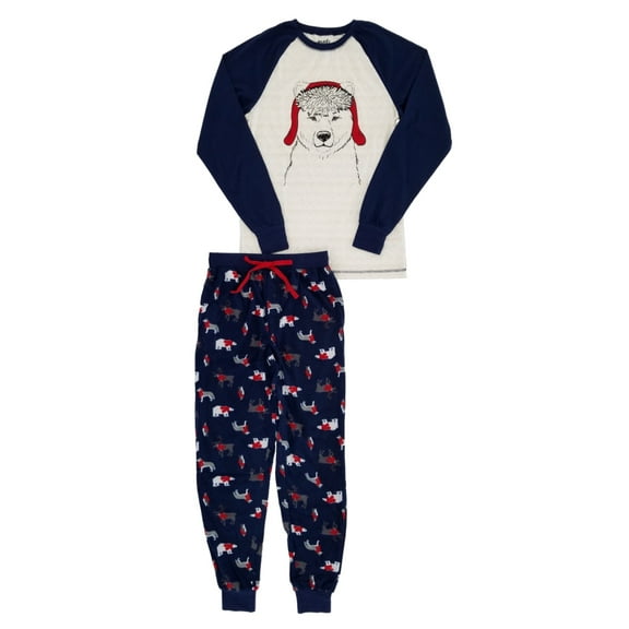 Mens 2-Piece Navy/Oatmeal Polar Bear Holiday Sleepwear Pajama Set Medium