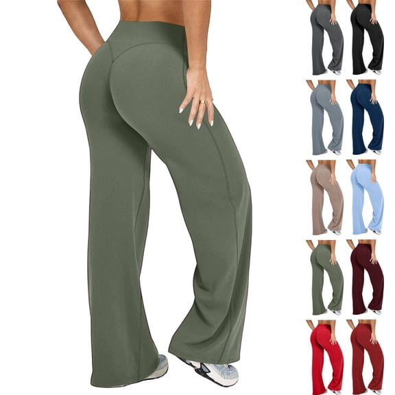 Wide Leg Yoga Pants Womens Straight Leggings Bottoms High Waist Stretchy Comfy No Front Seam Yoga Workout Athletic Gym Pants Green M