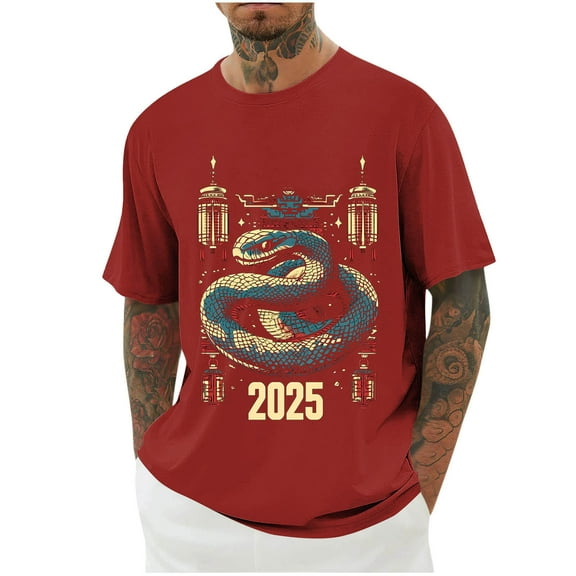 Handshe Men's Snake with Forest Elements Printed T-shirt Short Sleeve Crewneck Casual Shirts