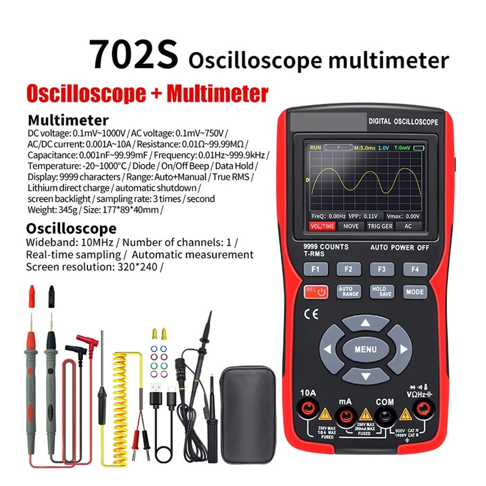 2 In 1 Digital Oscilloscope Multimeter 48MSa/s Sampling Rate 10Mhz Bandwidth 9999 Counts 2.8inch Multimetro ,Professional Designed
