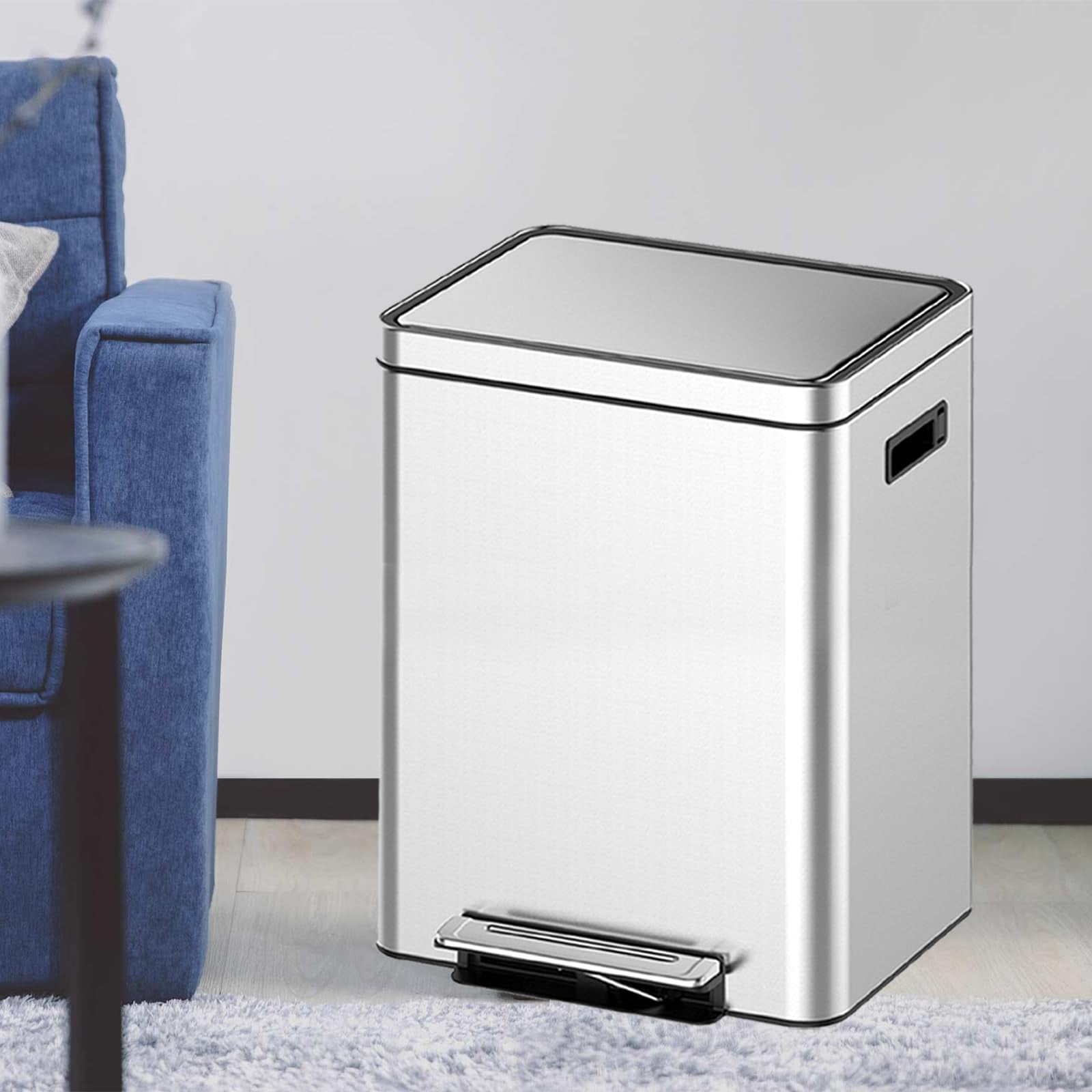 TROPOW Fashionwu 40L Trash Can, Rectangular Garbage Can with Soft-Close Foot Pedal, Double Compartment Classified Garbage Can, Stainless Steel Trash Can with Metal Lid & Removable Inner Bucket