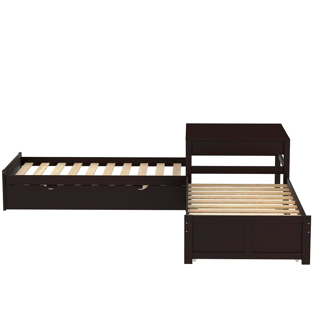 Kadyn L-shaped Platform Bed with Two Trundles and Built-in Square Table,Espresso Kadyn L-shaped Platform Bed with Two Trundles and Built-in Square Table,Espresso