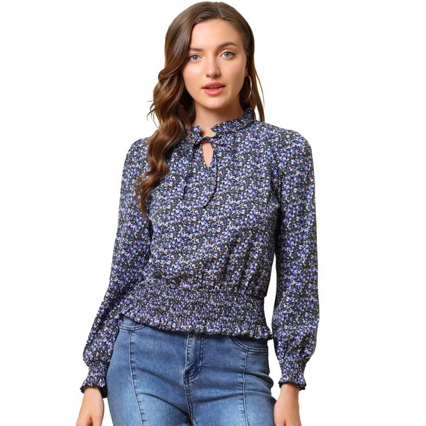 Blusa De Mujer Con Volantes Y Peplum Con Cuello Alto Y Manga Abullonada Púrpura S