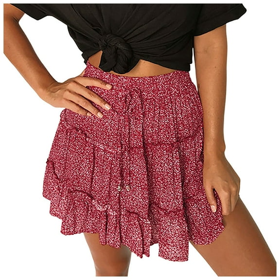 Riforla Women Summer Cute High Waist Ruffle Skirt Floral Print Swing Beach Mini Skirt Women's Skirts Red M