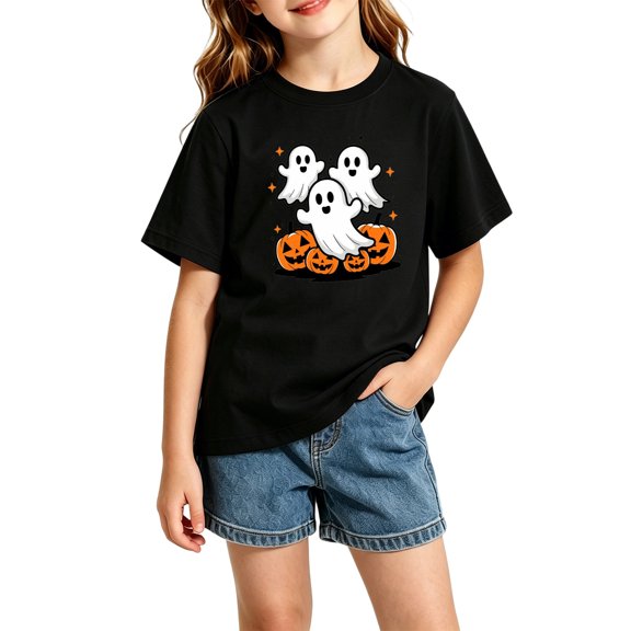 CONFREE Girls Halloween Short Sleeve Tshirts Crew Neck Cute Ghost Pumpkin Graphic Casual Hallowmas T-Shirt for Kids