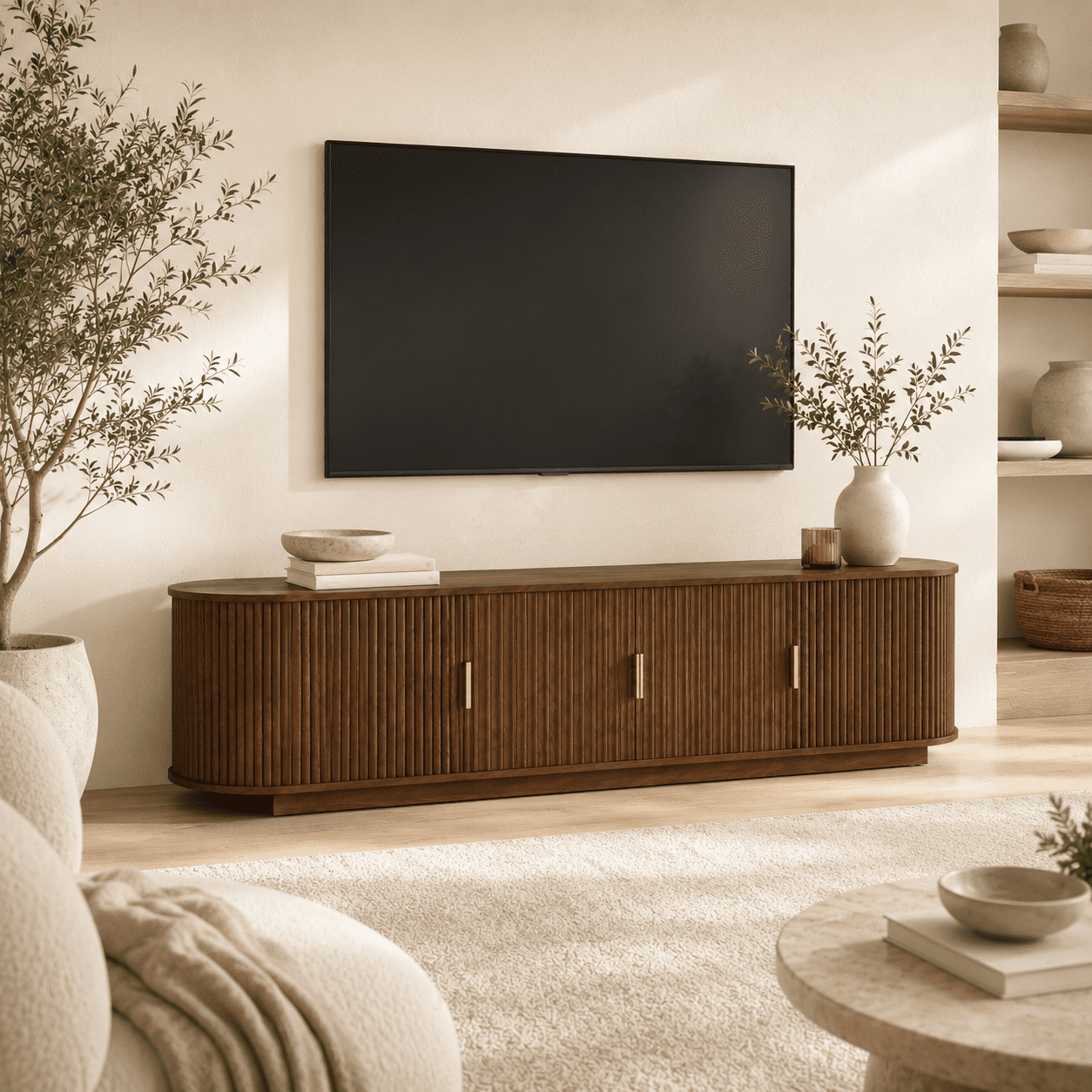 Aukfa 67" Fluted TV Stand for TVs up to 75", Sliding Doors,Walnut