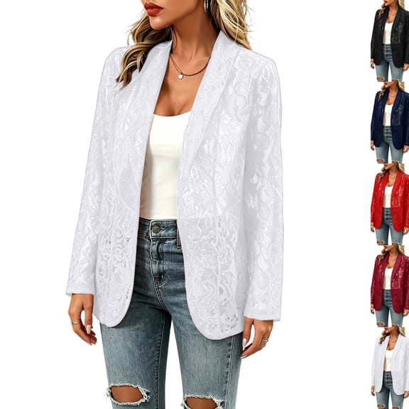 Women's Lace Blazer Open Front Sheer Mesh Blazer Coats Elegant Long Sleeve Casual Lightweight Dressy Summer Jacket,White L