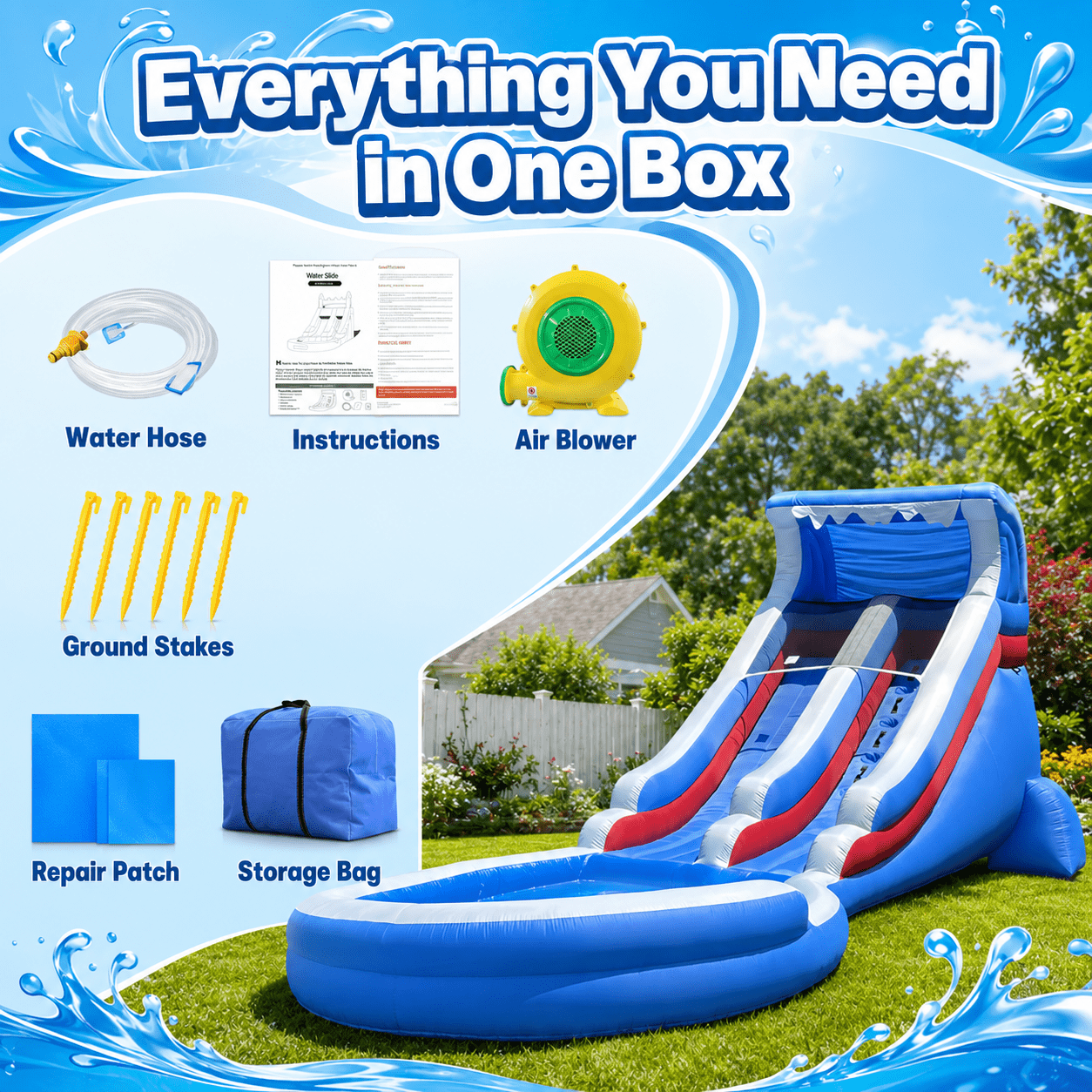 22.5FT Inflatable Water Slide with Large Splash Pool & Blower Included - Oxford Backyard Water Park for Kids (Blue)