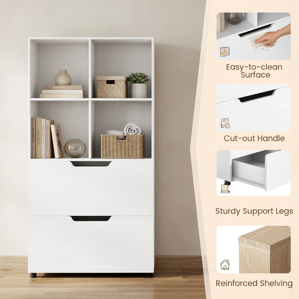 Demi Bonn 4-Tier Wood Open Bookcase with 2 Drawers and 4 Storage Cubes, White