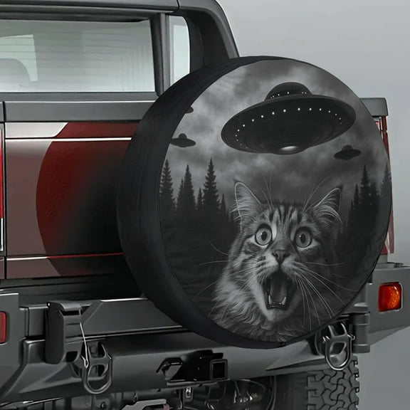 Lotusprinthandmade Funny Cat and UFO Spare Tire Cover Without Backup Camera Hole 6 Sizes (27 in.), cat graphic tire cover, cat funny tire cover