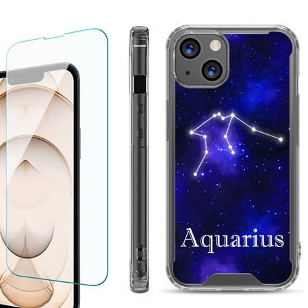 Shockproof Bumper Phone Case for iPhone 13 with Tempered Glass Screen Protector by OneToughShield ® - Zodiac / Aquarius