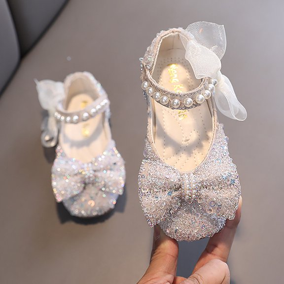 YMNXA Children Baby Girls Sandals Pearl Rhinestones Shining Soft Sole Flat Sole Non Closed Toe Comfortable Fashion Performance Dance Shoes For Party Wedding,Beige,21