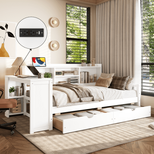 DRNANLIT Twin Size White Corner Daybed with Storage Drawers, Desk, Charging Station & Bookcase, No Box Spring Needed