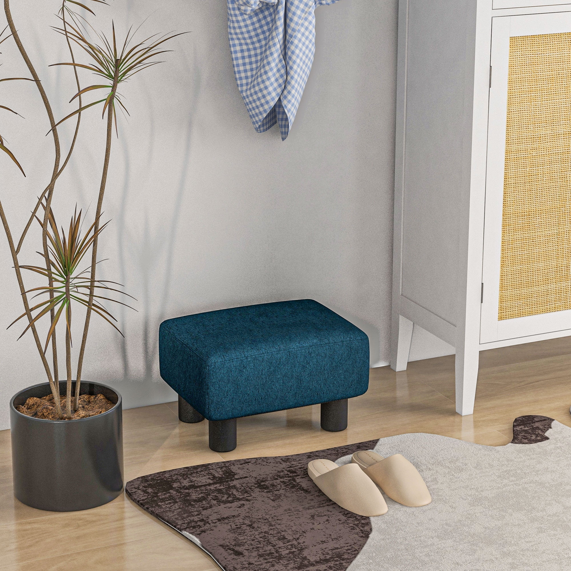 HOMCOM Ottoman Foot Rest, Small Foot Stool with Linen Fabric Upholstery, Blue