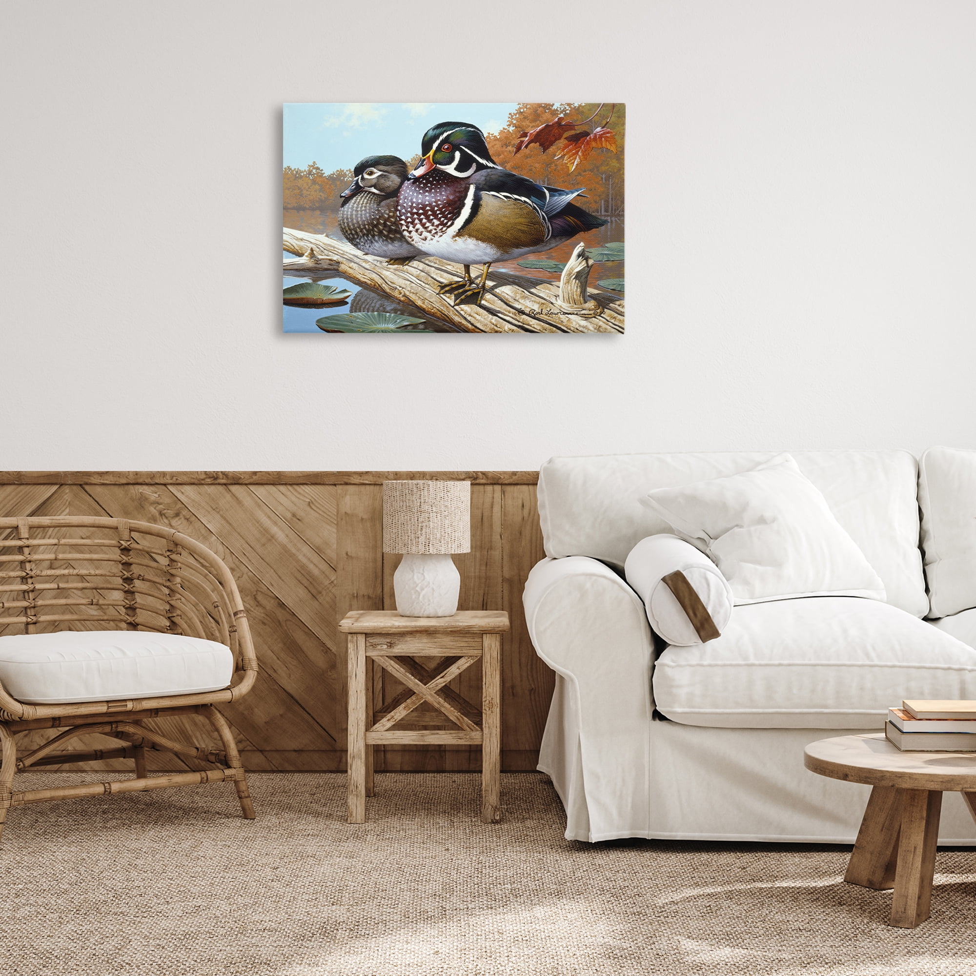 Stupell Industries Duck Pair on Driftwood Animals Painting Wrapped Canvas Art Print Wall Art, 30 x 20