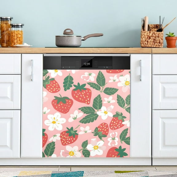 Strawberries Flowers Leaves Dishwasher Magnet Cover Magnetic Fridge Door Cover Home Kitchen Decor 23"x 26"