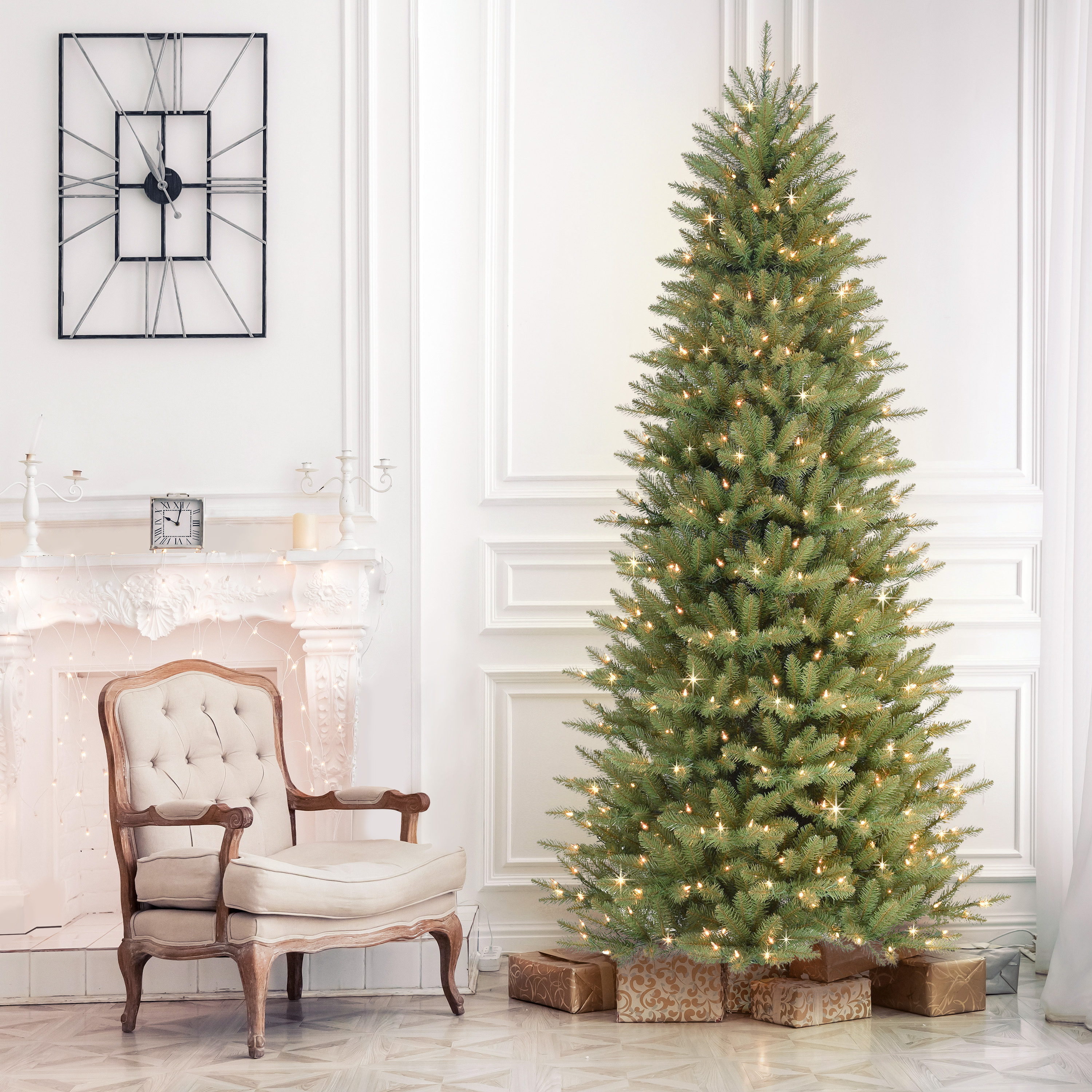 9 ft Pre-lit Slim Fraser Fir Tree 2093 Tips 700 Color Select LED Light On/Off Foot Pedal