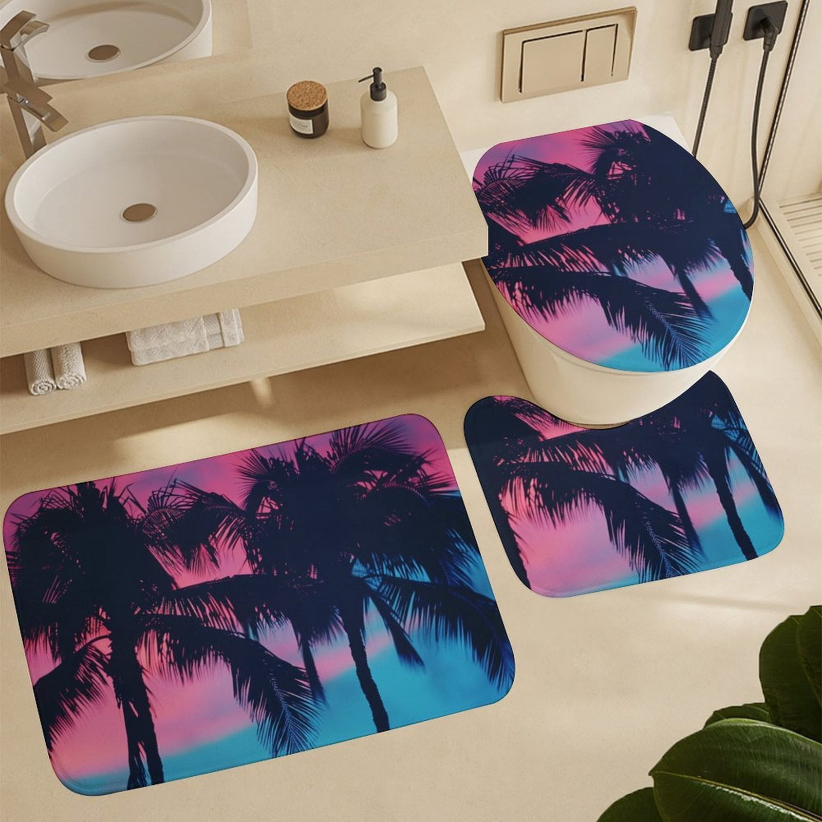 4 Piece Bathroom Rug Set with Shower Curtain Bathroom Sets with Curtain,Rug,Toilet Cover and U Shaped Mat Palm Trees in Pink Sky Bathroom Decor Shower Summer Tropical Palm Trees