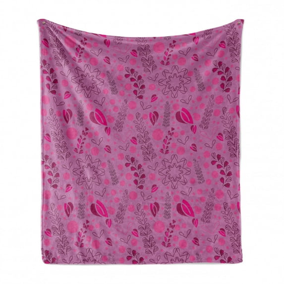 Botany Soft Flannel Fleece Throw Blanket, Sketch Style Leaves Twigs Bubbles Berries Circles Illustration Pattern, Cozy Plush for Indoor and Outdoor Use, 60" x 80", Pale Fuchsia Hot Pink, by Ambesonne