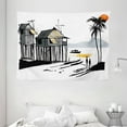 thumbnail image 1 of Coastal Decor Tapestry, Sketchy Fishing Village Malay in Singapore with Houses Canoe Palms Sun, Wall Hanging for Bedroom Living Room Dorm Decor, 80W X 60L Inches, Black Grey Orange, by Ambesonne, 1 of 2