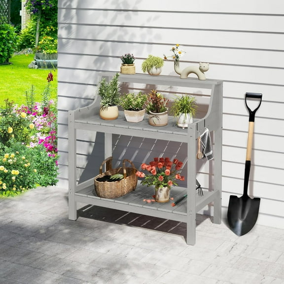 Potting Bench Table, HDPS Potting Bench with 4 Side Hooks, All-Weather Garden Table Work Station, Outdoor Potting Table for Porch