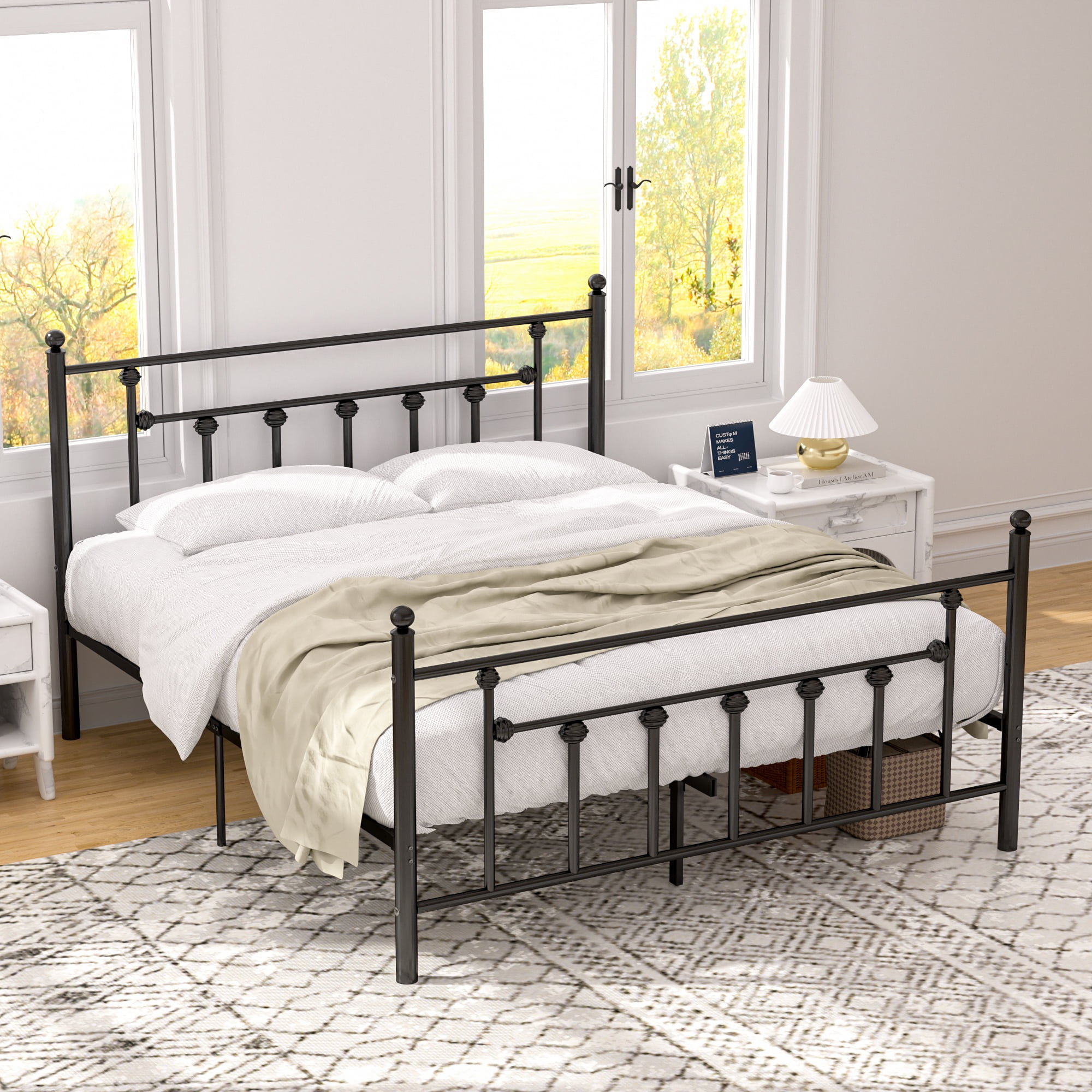 Victorian Queen Size Metal Platform Bed Frame with Headboard & Footboard, No Box Spring Needed, Black