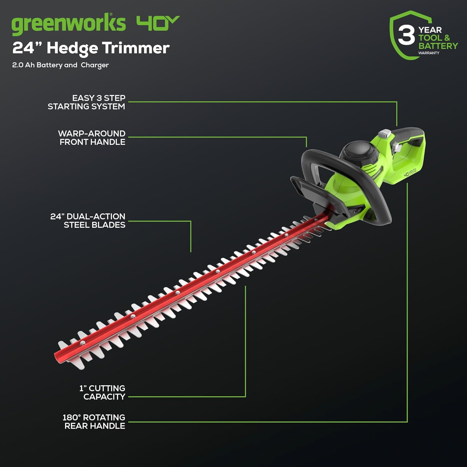 Greenworks 40V 24" Hedge Trimmer (1" Cutting Capacity), 2Ah USB Battery and Charger Included HT40B212