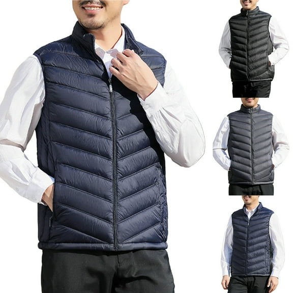Fengqque Men's Cotton Sleeveless Stand Up Collar Zipper Vest Casual Stand Collar Quilted Waistcoat Outdoor Padded Ski Vest Gray XL
