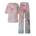 thumbnail image 3 of Women's Comfortable Summer O Neck Loose Short Sleeve Floral Print Top Shirt With Pants Large Size 2 Piece Set Pant Suits for Women Dressy Wedding Chiffon Overlay Jumpsuit Pantsuit for Women Dressy, 3 of 4