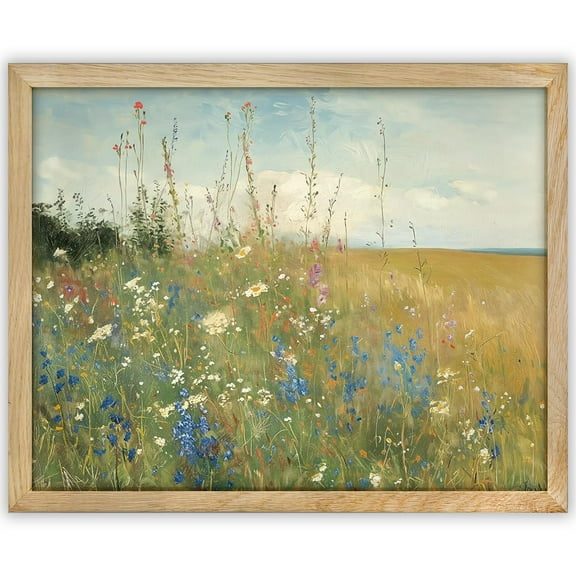 Field of Wildflowers Landscape Painting Wall Art 16x20 Stretched Canvas Poster Vintage Botanical Wall Decor, Farmhouse Prints, Picturesque Wildflower Art for Living Room, Bedroom, Bathroom